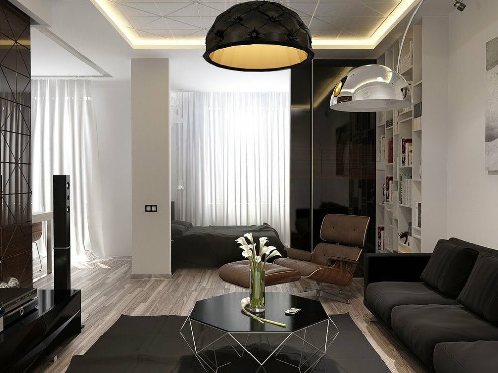 Mustat huonekalut yhden hengen huoneessa, jonka pinta -ala on 36 neliömetriä