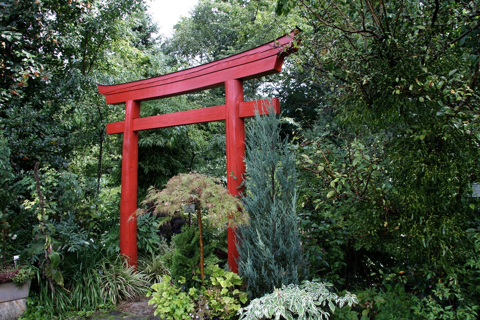 Red garden arch in oriental style
