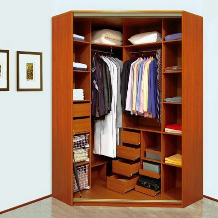 Corner wardrobe with shelves and drawers