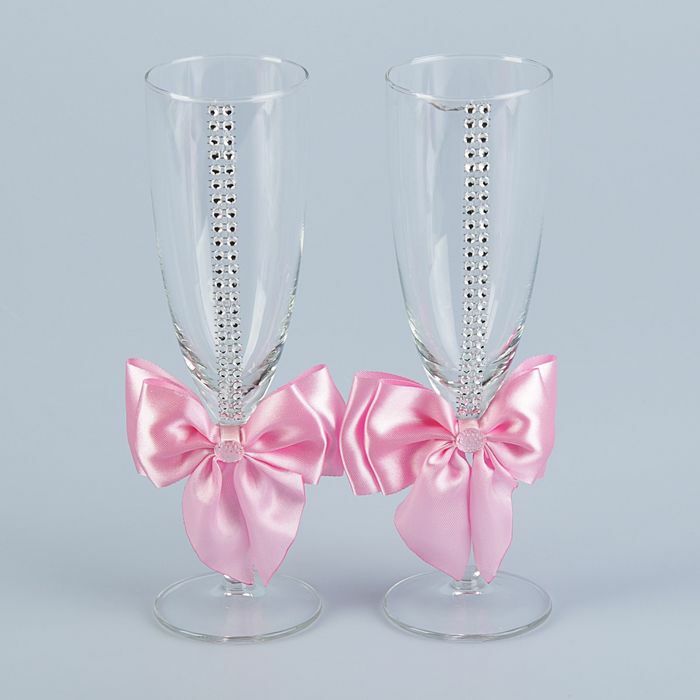 A set of wedding whipping glasses " Elite" with a bow and rhinestones, 2 pcs., Pink