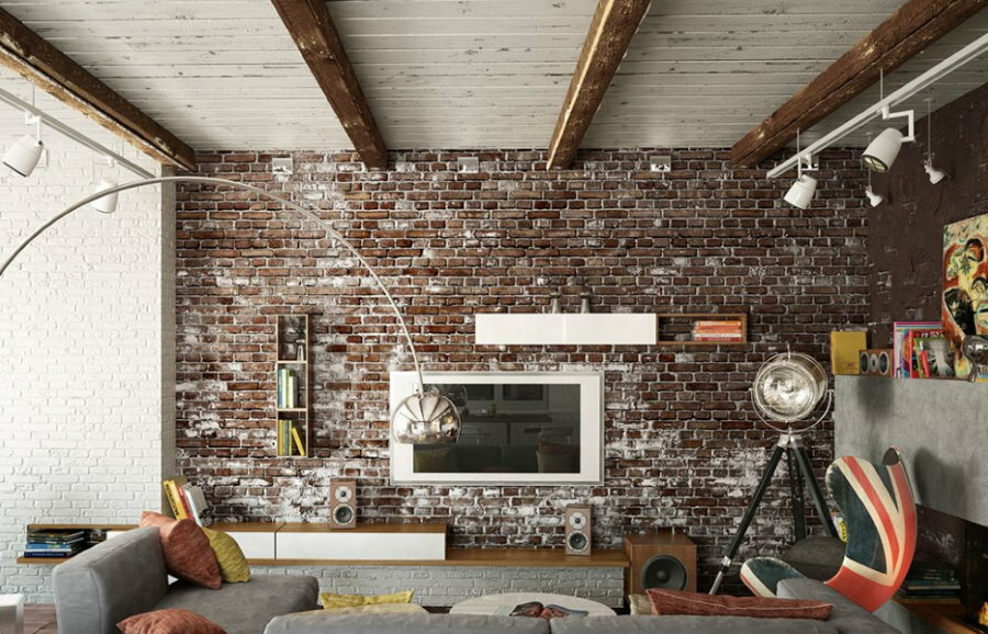 Brick wallpaper in the interior of the loft-style hall