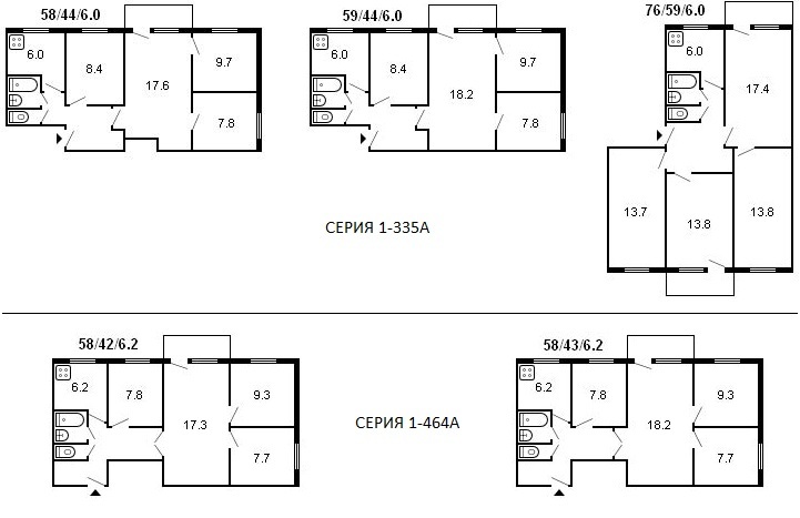 דוגמאות לפריסות של ברז'נייבקה עם ארבעה חדרים