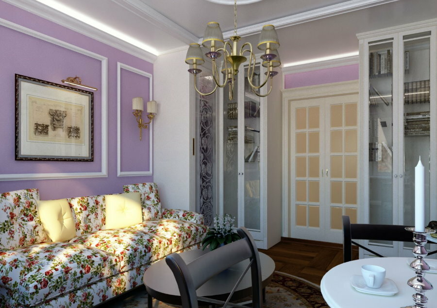 Vaalean violetti tapetti Provence -tyylisessä olohuoneessa