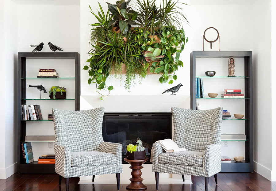 Dzīvojamās istabas atpūtas zona ar dzīvo zaļo augu attēlu