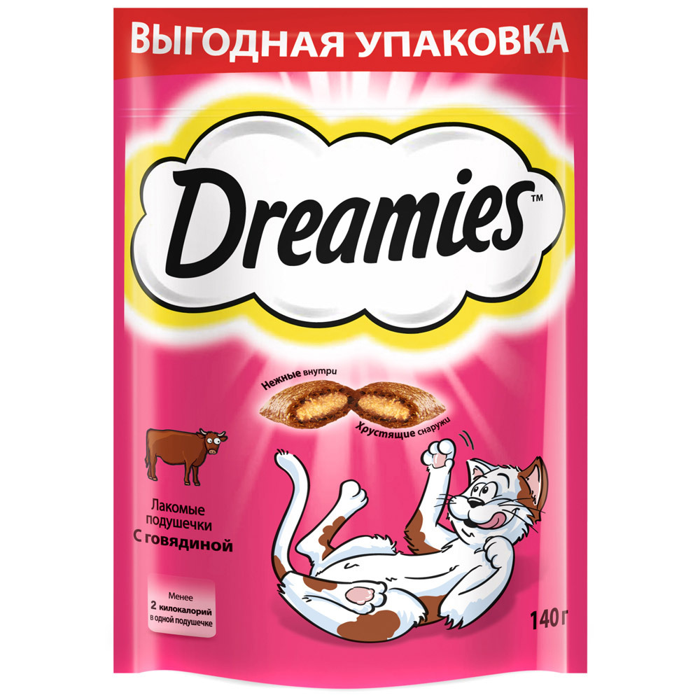 Jemné polštáře pro dospělé kočky Dreamies s hovězím masem, 140g