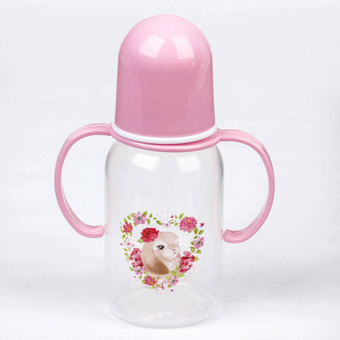 Nasha Zayka barošanas pudele ar rokturiem, 150 ml, no 0 mēnešiem, rozā