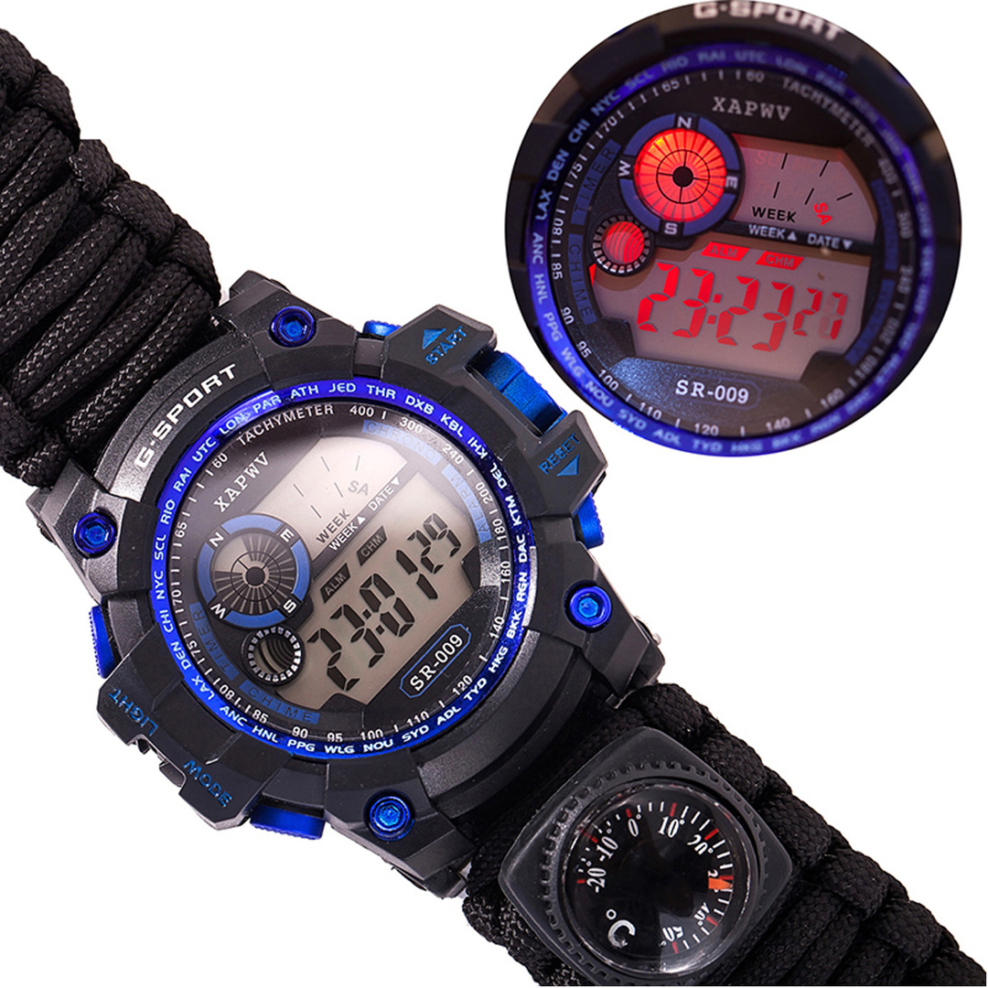 Camping Multifunctional Compass Date Alarm Paracord Bracelet LED Backlight Gadget EDC Tool