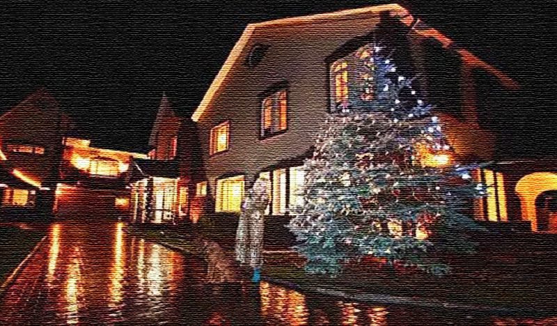 Yılbaşı Gecesi, Irina Allegrova pencerelerin altında büyüyen bir Noel ağacı giydiriyor ve evin cephesini LED çelenklerle süslüyor