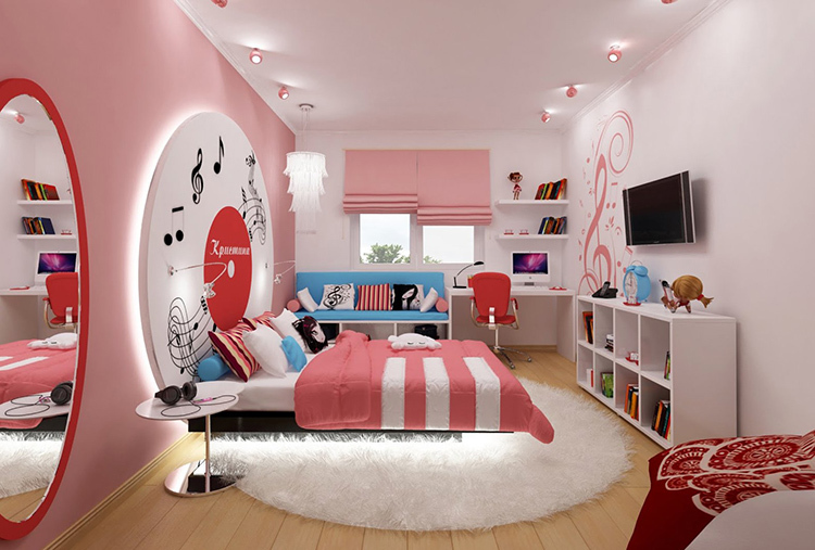 Bir genç kız için temel ve dekoratif aydınlatmaya sahip hatmi odası