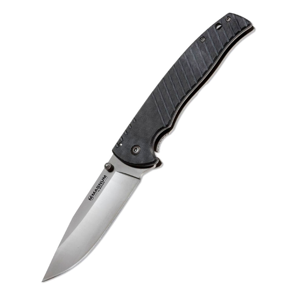 Couteau pliant Boker Magnum Black Flash, acier 440A Nitrure de Titane Plain, manche acier inoxydable / fibre de verre G10, noir