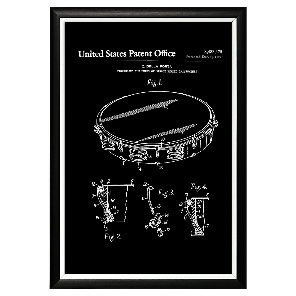 Art poster patent for a tambourine in a plastic frame