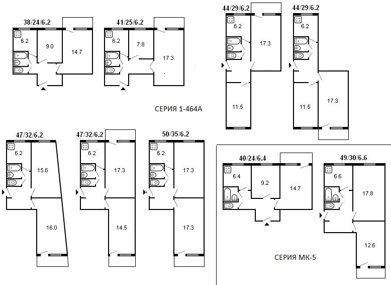 Kahden huoneen brezhnevkan asettelu eri sarjan taloissa