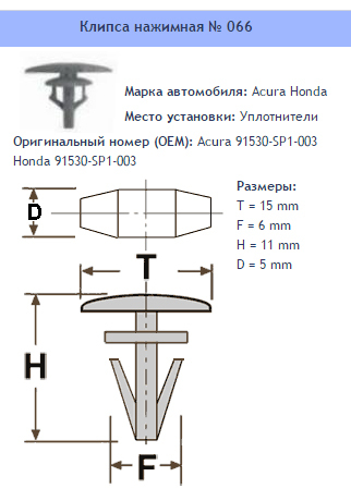 O grampo nº 066 sela Acura Honda 91530SP1003