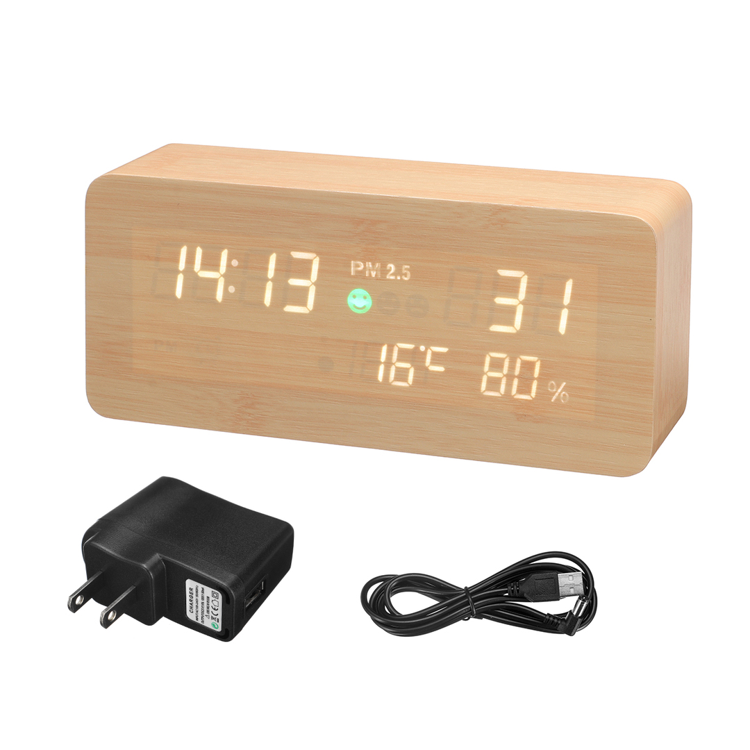 LED de madera PM2.5 Detector de aire Reloj despertador digital Calendario Temperatura Humedad Probador de calidad del aire