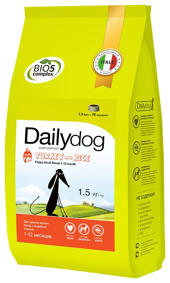 Suha hrana za mladičke Dailydog Puppy Small Breed, za male pasme, purana in riž, 1,5 kg