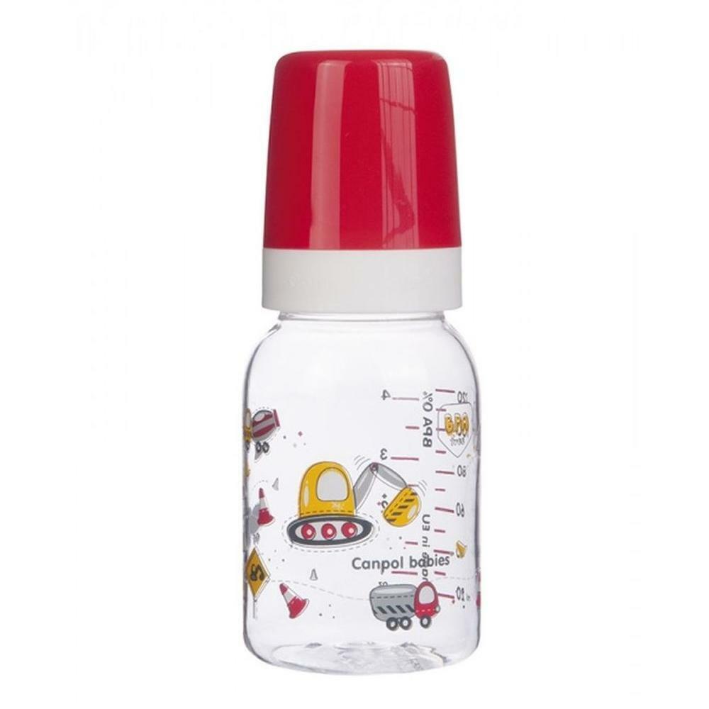 Tritanflaska (BPA 0%) Maskiner med silikonspen, 120 ml., 3+ månader, 11/849, röd