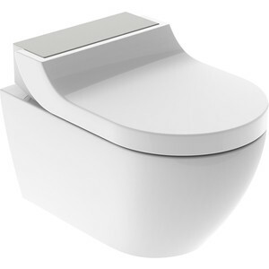 Shower toilet wall-mounted Geberit AquaClean Tuma Comfort Rimfree, with lift seat, panel design brushed steel (146.294.FW.1)