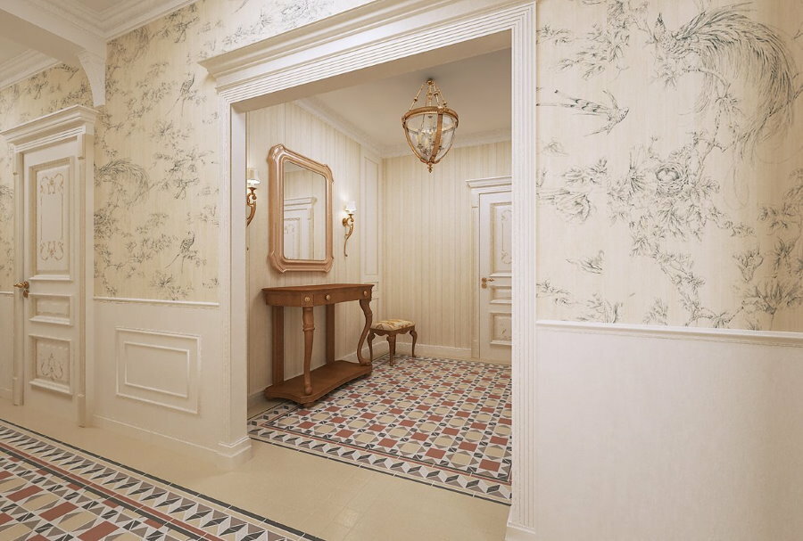 Papel tapiz claro en el pasillo del estilo clásico.