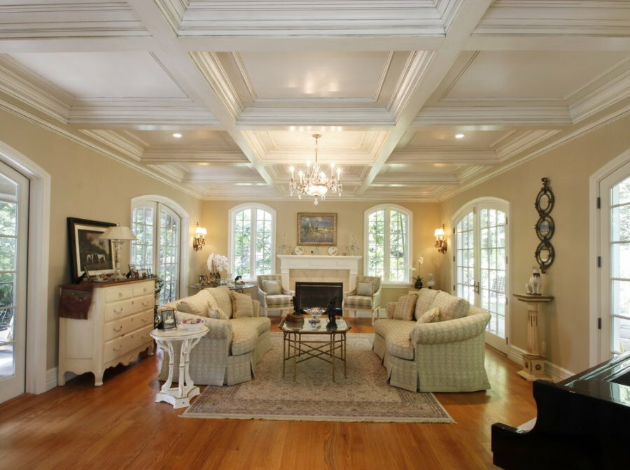 Coffered ceiling in a classic living room