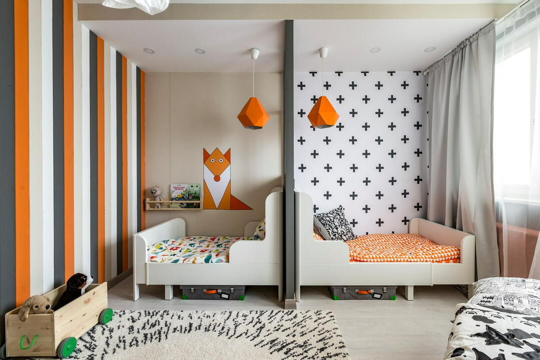 Zonificación de papel tapiz de una habitación infantil para dos.