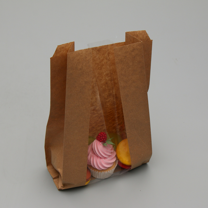 Pakirana papirnata vrečka, kraft, z oknom, dno v obliki črke V, 35 x 20 x 9 cm