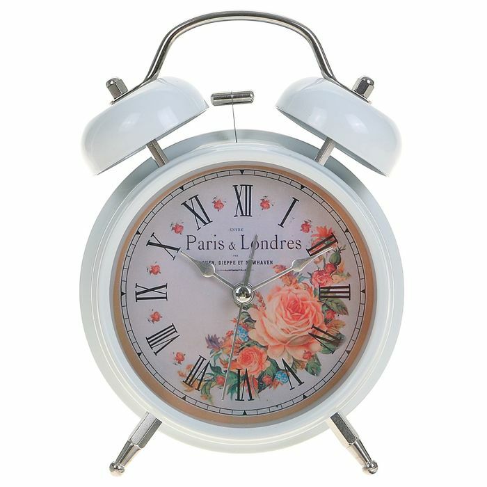 Alarm clock white with illumination, flowers on the dial, Paris b Londres, 2 bells