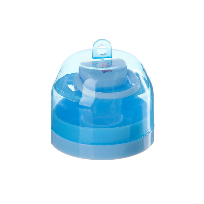 Orthodontic pacifier with cap, in storage container, blue