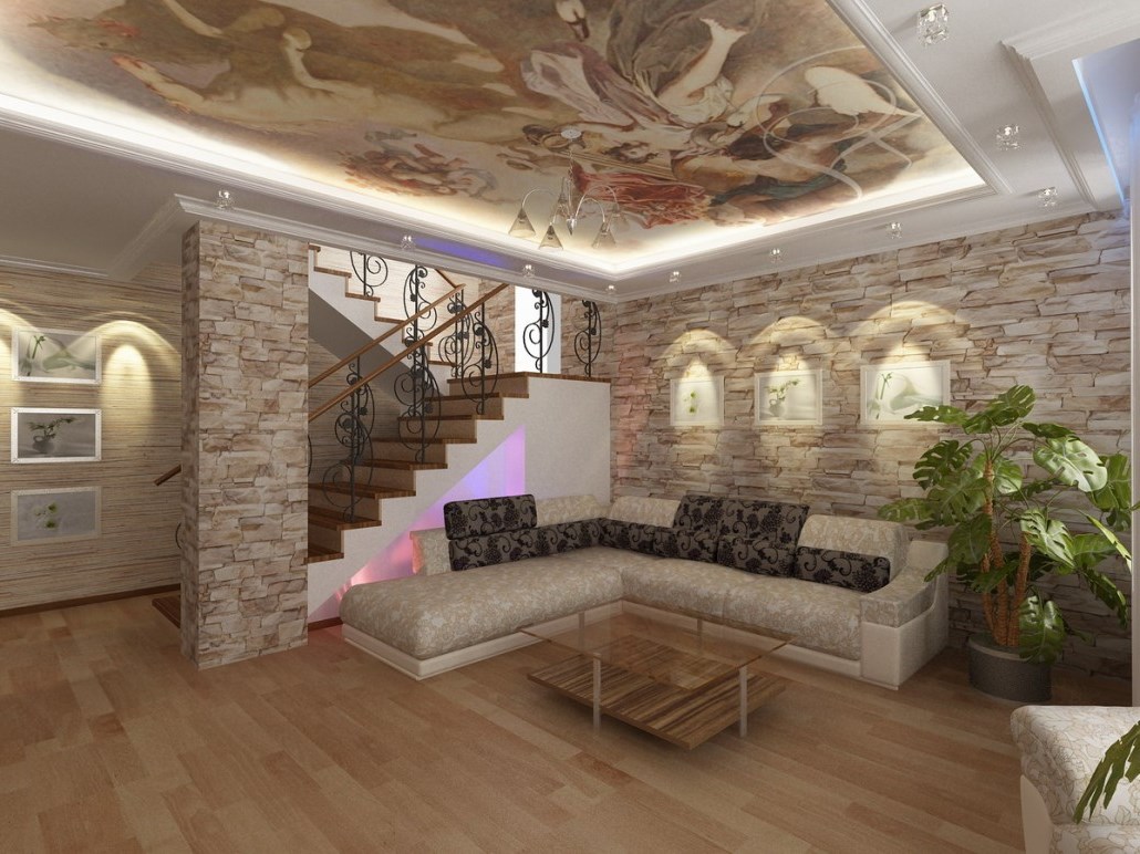 dekoratīvs akmens dzīvojamās istabas interjerā