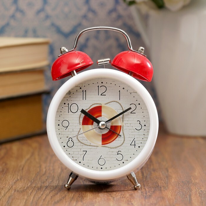 Alarm clock d = 9cm, backlit, marine theme mix, 1 AA. plastic, 5x9.5x14.5 cm