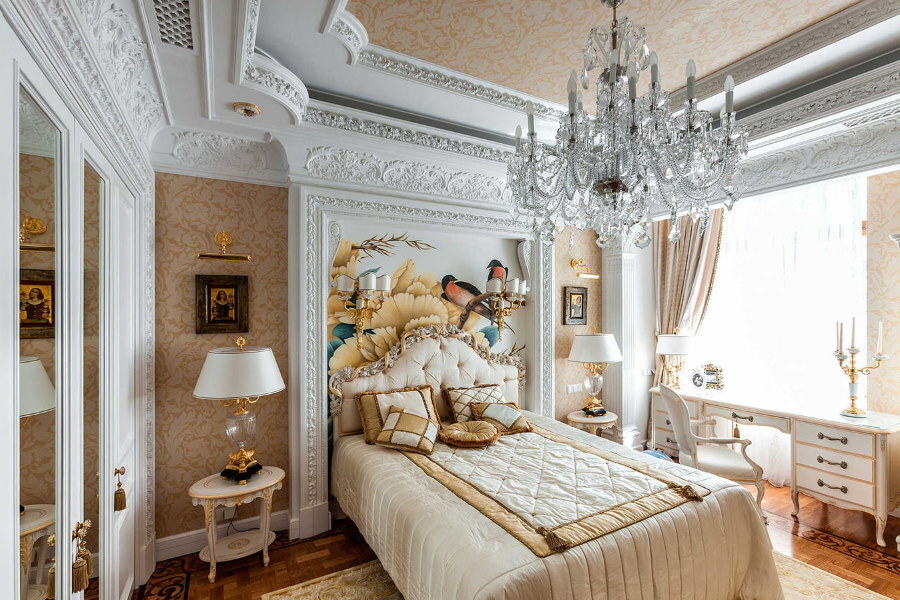 Plasterboard ceiling in a classic style bedroom