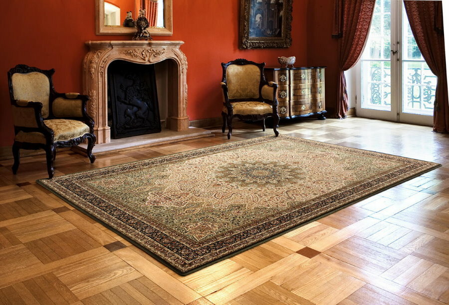 Taisnstūra vilnas paklājs klasiskā stila telpā