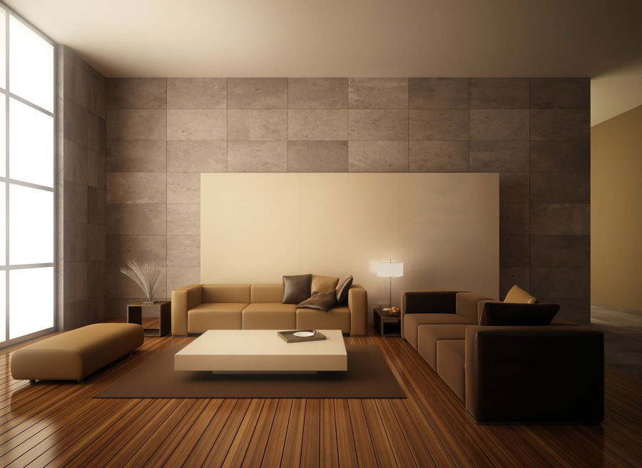 Kombinácia dokončovacích materiálov v minimalistickom interiéri
