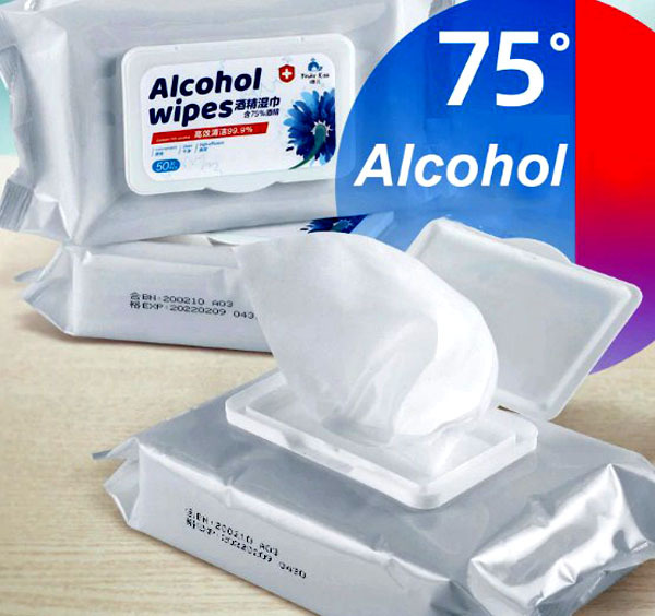 A embalagem contém 50 toalhetes desinfetantes, contendo 75% de álcool