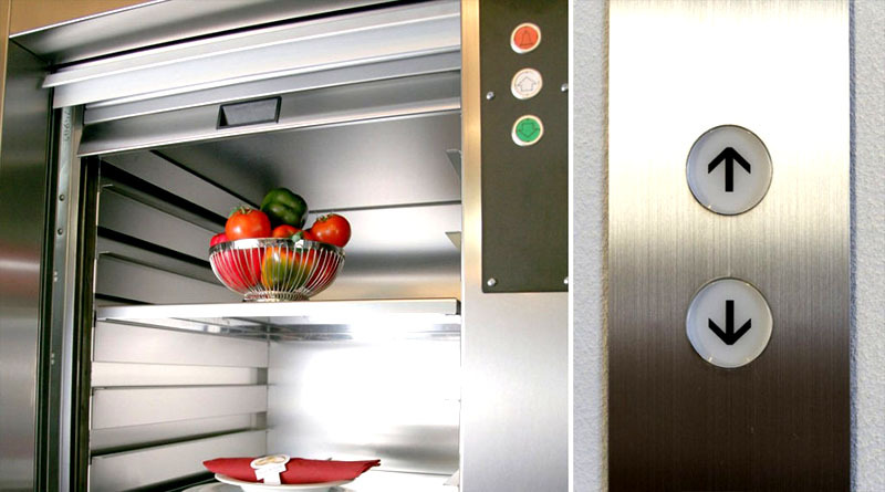 Finalmente, los elevadores de alimentos son pequeñas cajas que se deslizan a lo largo de los rieles entre los pisos para levantar artículos pequeños como latas de conservación del hogar del sótano.