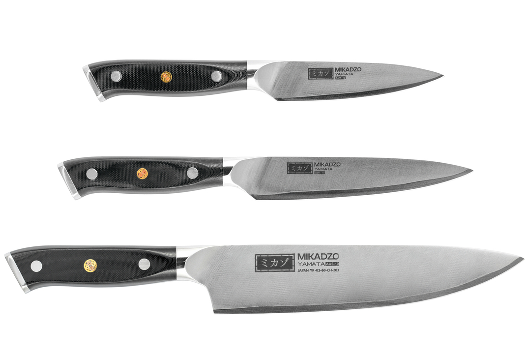 3'lü Mikadzo Yamata Kotai çelik mutfak bıçağı seti (ayrıca paketlenmiştir)