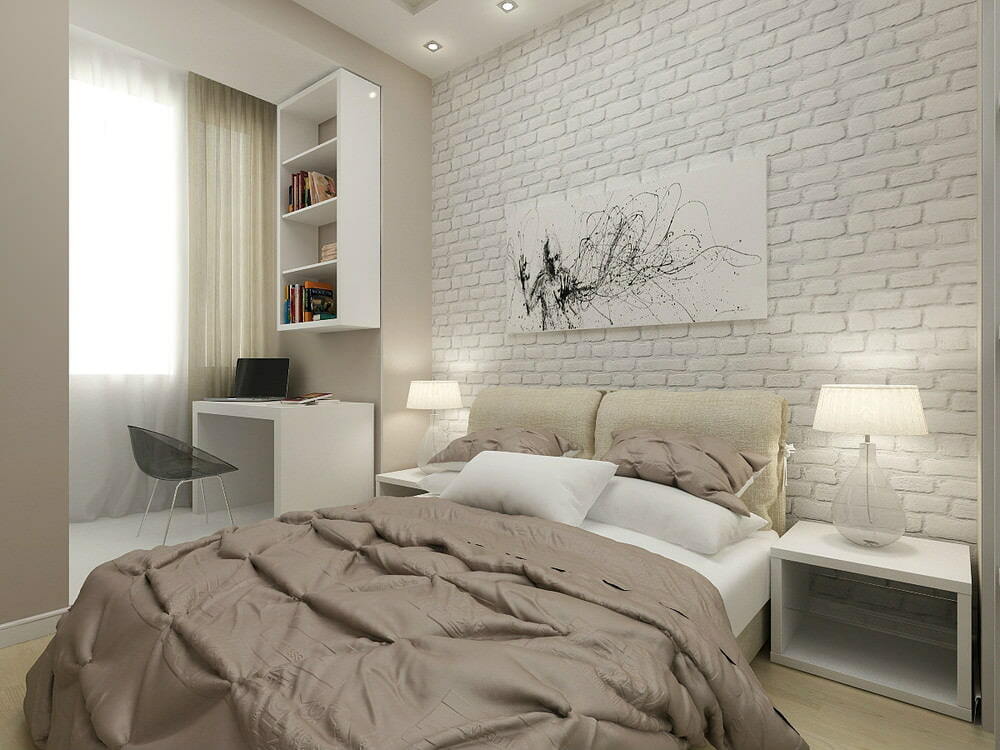 Hvid mursten tapet i et lille soveværelse