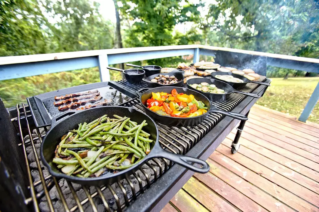 cast iron pans on the grill