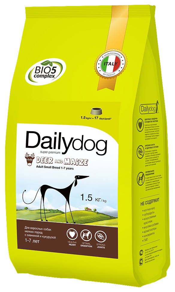 Sausā barība suņiem Dailydog Adult Small Breed, brieža gaļa un kukurūza, 1,5 kg