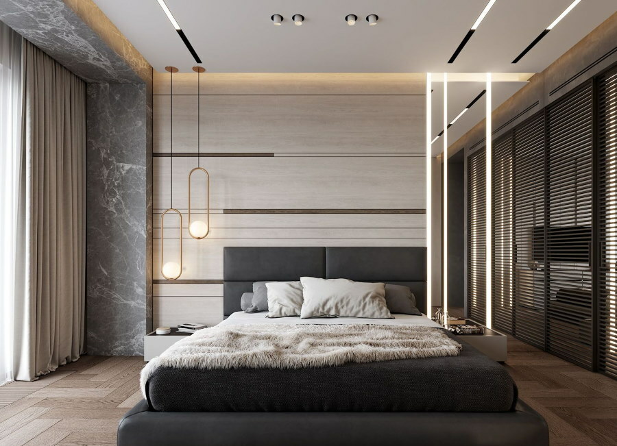 Linear lamps on the plasterboard ceiling in the bedroom
