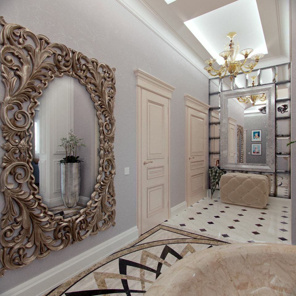 carved mirror in the hallway
