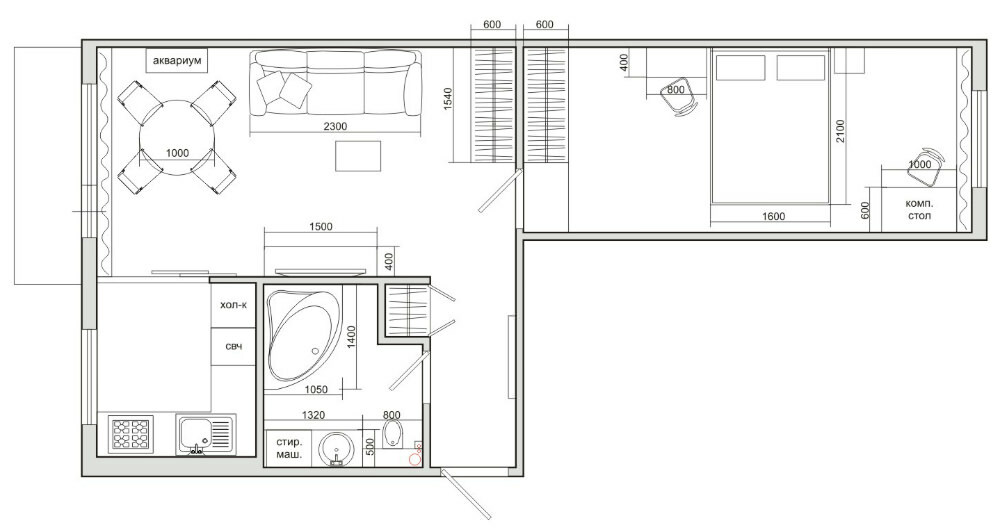 El plan de un Jruschov de dos habitaciones en una casa de ladrillos.