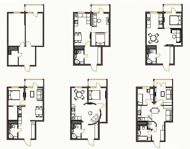 Hruščova pārbūves shēmas ar 2 dzīvojamām istabām