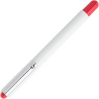 Ballpoint pen, white body, metal clip, red details, blue ink