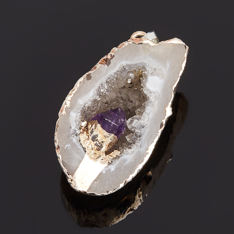 Privjesak od ahat sive geode s kristalom ametista (bij. legura) 3-4 cm