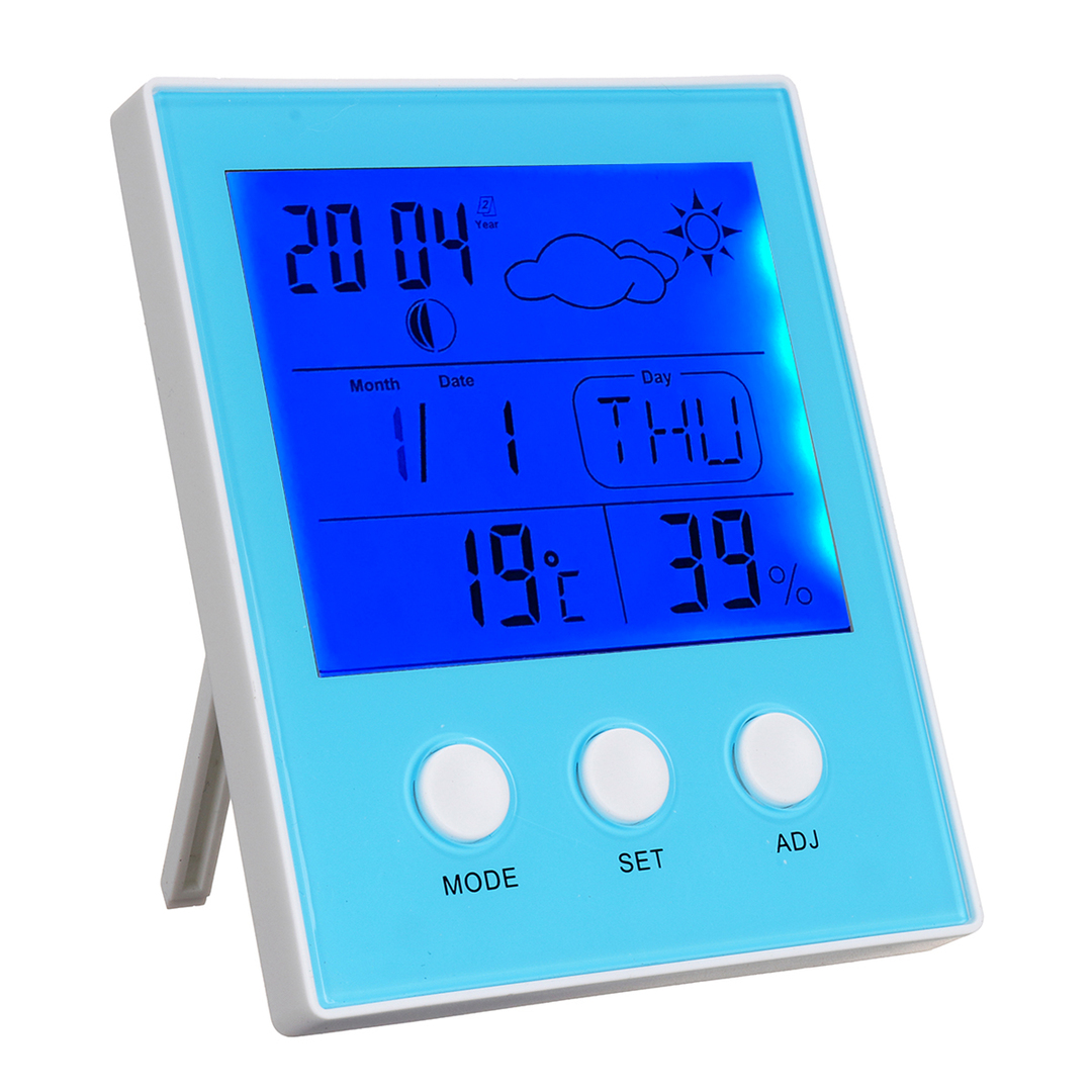 Digitalt termometer Hygrometer Temperatur Fuktighetstester LED Baklys Tid Dato Kalender Vekkerklokke Display Innendørs