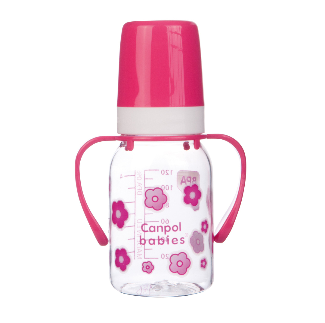 Tritan palack (BPA 0%), fogantyúval, szilikon mellbimbó, 3+ hónap, 120 ml, 11 / 821prz, rózsaszín