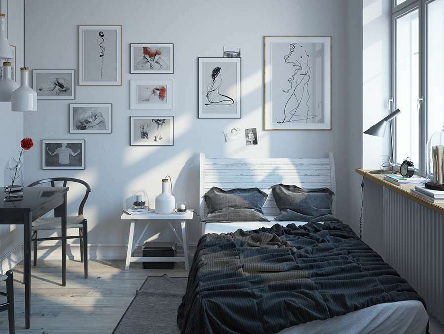 Dormitorio pequeño y acogedor en estilo escandinavo.