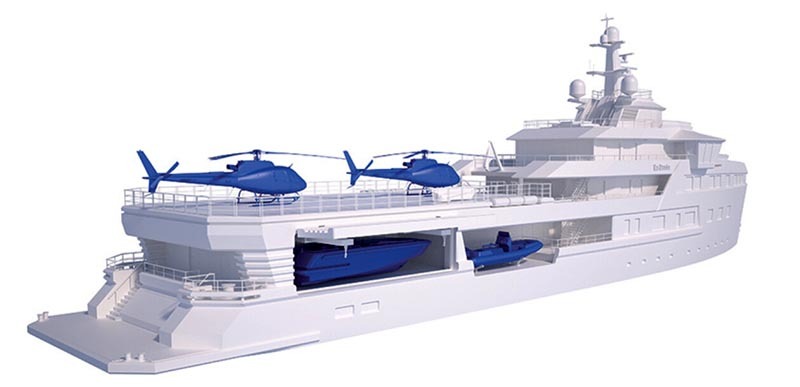 The yacht is equipped with the latest technology, a helipad on the upper deck, a bathyscaphe, snowmobiles and jet skis