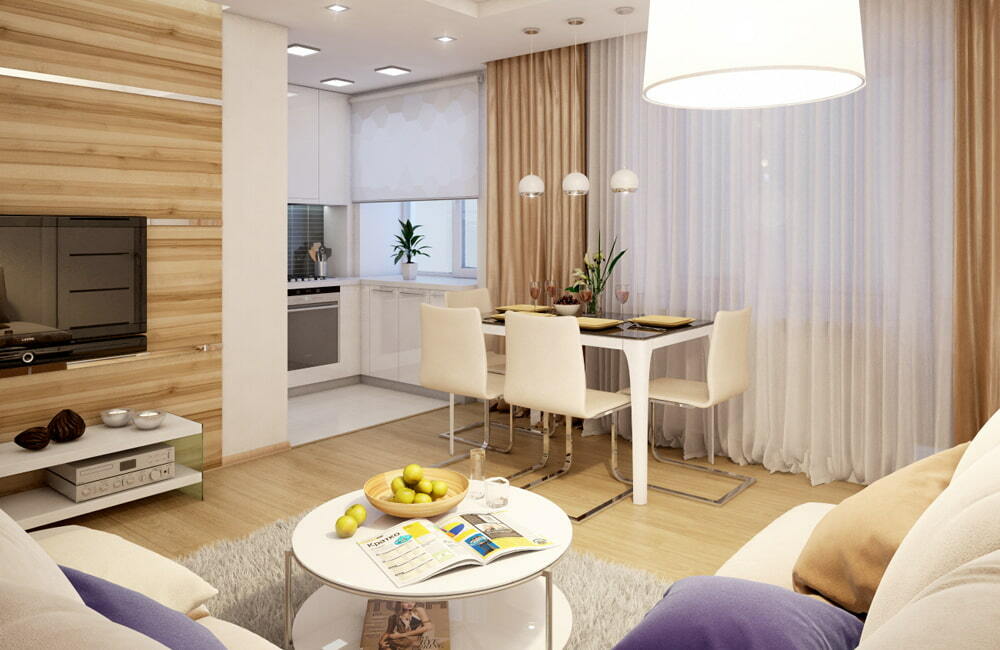 Tuğla Kruşçev'de mutfak-oturma odası tasarımı