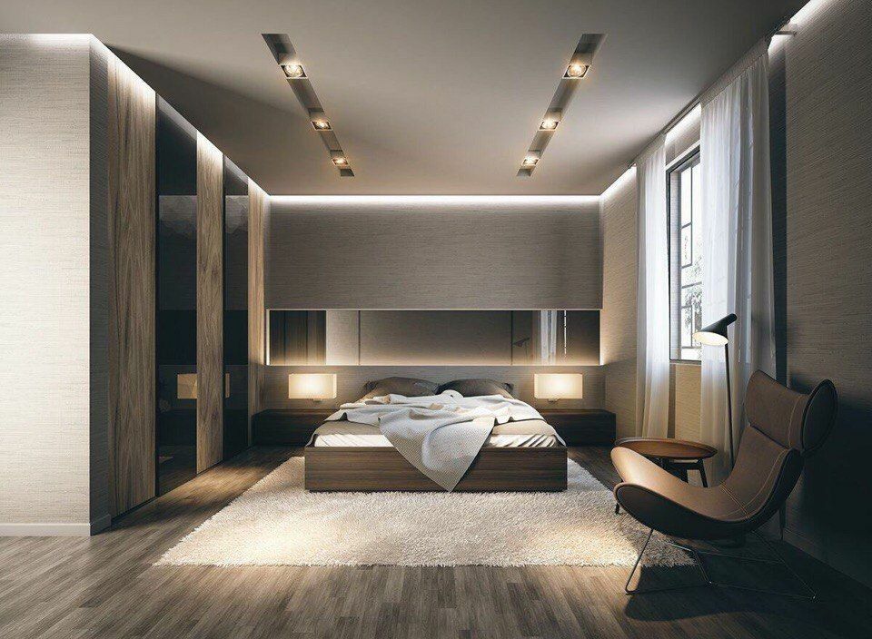 Hoog plafond in een moderne slaapkamer